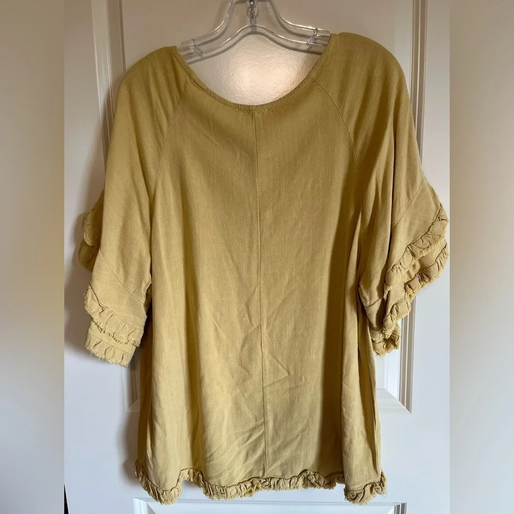 Umgee Top Womens M Yellow Flowy Linen Blend Layered Raw Hem Sleeve Coastal Boho - Picture 2 of 9
